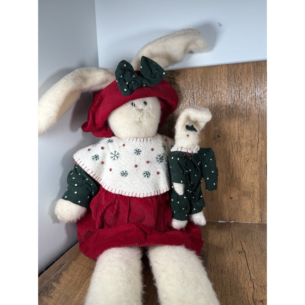Large Christmas Bunny Rabbit Decorative Vintage Cloth Plush Stuffed Animal